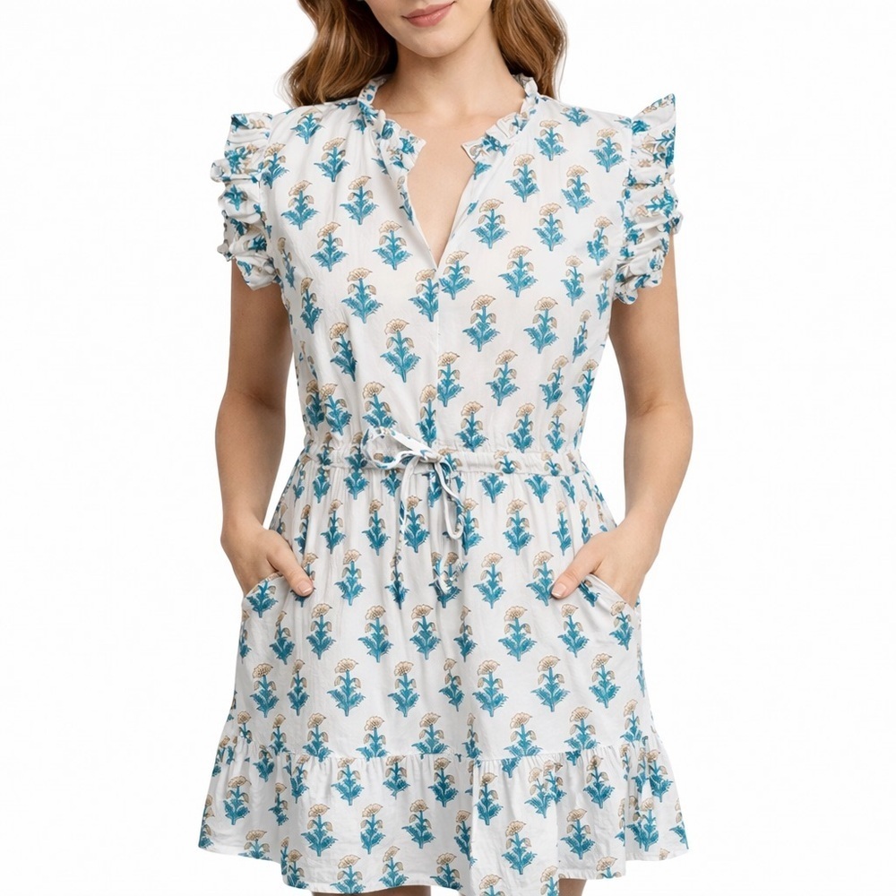 Madison Mathews Folly Dress Small Block Print Cotton India Ruffle Sleeve